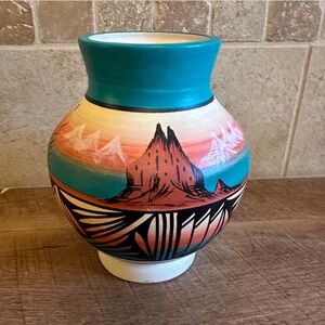 Native Signed Hand-Painted Southwestern Style Ceramic Vase in Turquoise